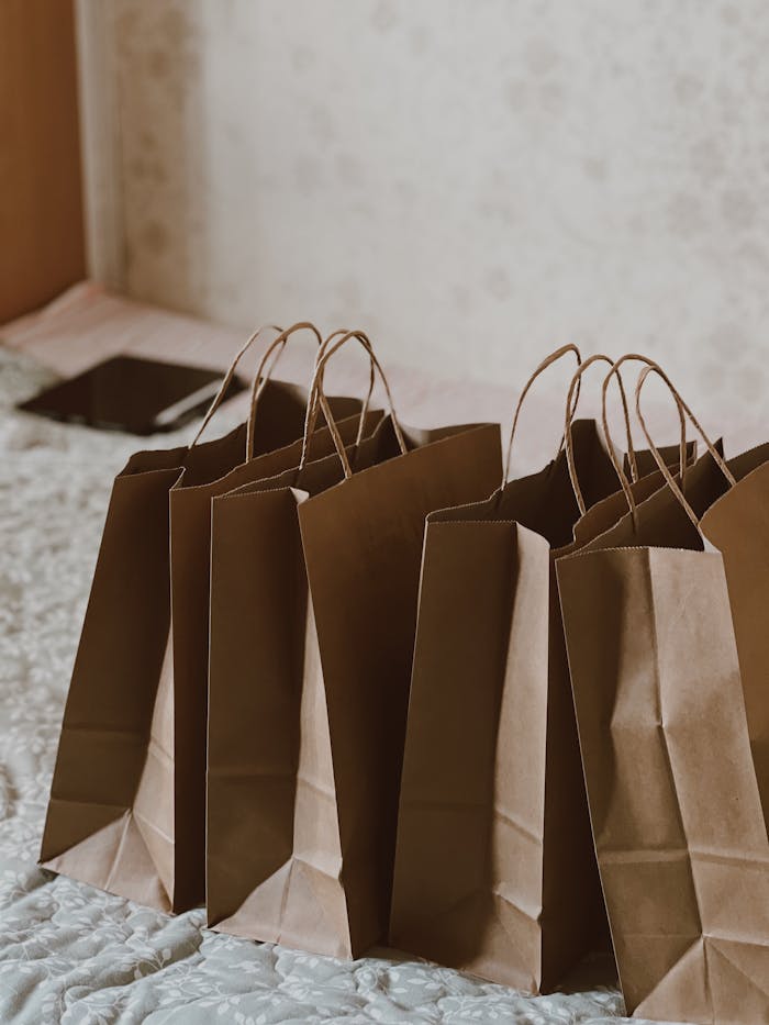 A row of brown paper shopping bags on a bed, showcasing minimalist packaging.